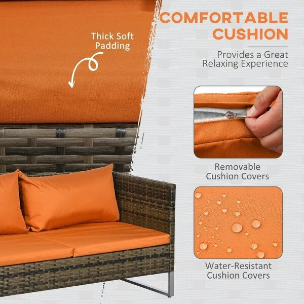 4 Piece Rattan Garden Furniture Set, Outdoor Corner Sofa Set with Storage Table, Loveseats, Cushions - Orange