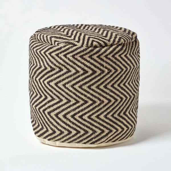 HOMESCAPES Black and Cream Chevron Pattern Pouffe