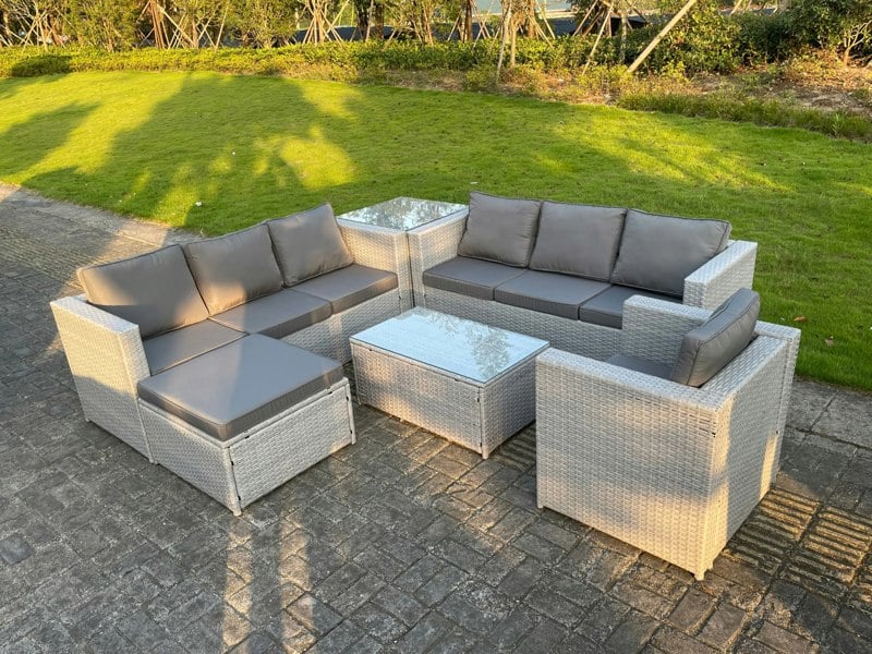Fimous Light Grey PE Rattan Garden Furniture Set Corner Lounge Sofa Set Oblong Square Coffee Table Big Footstool Armchair
