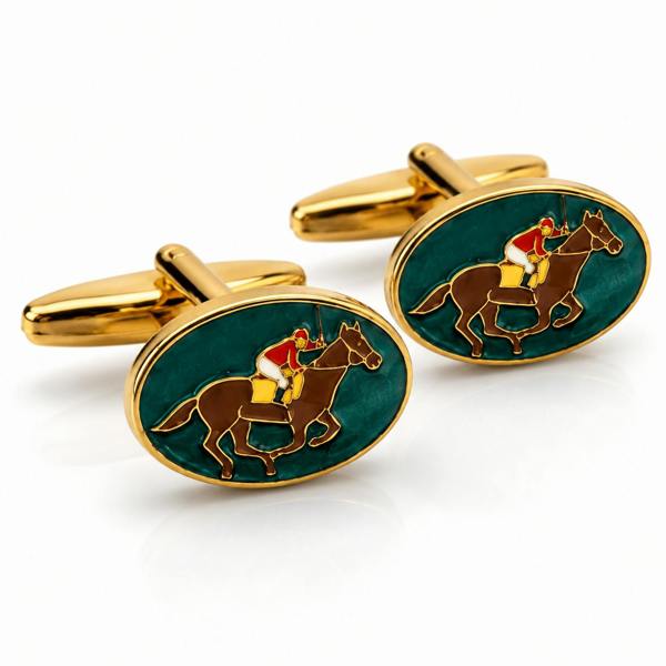 Gold cufflinks with horse and jockey design on a white background