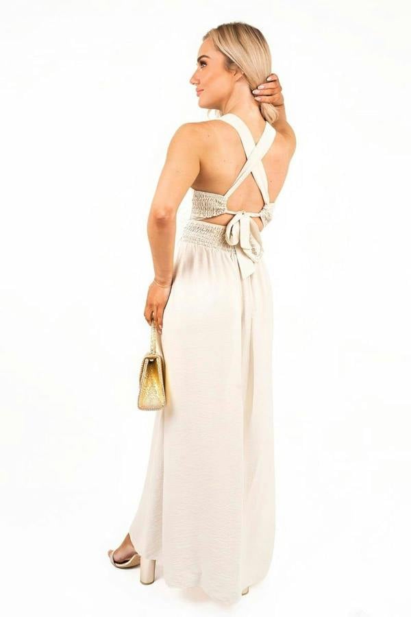 Talina Cross Back Maxi Dress With Ruched Waist - Beige
