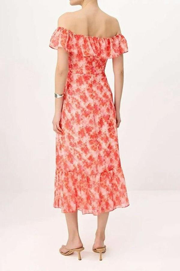 WOVCOR Floral Ruffled Chiffon Flowy Woven Midi Dress