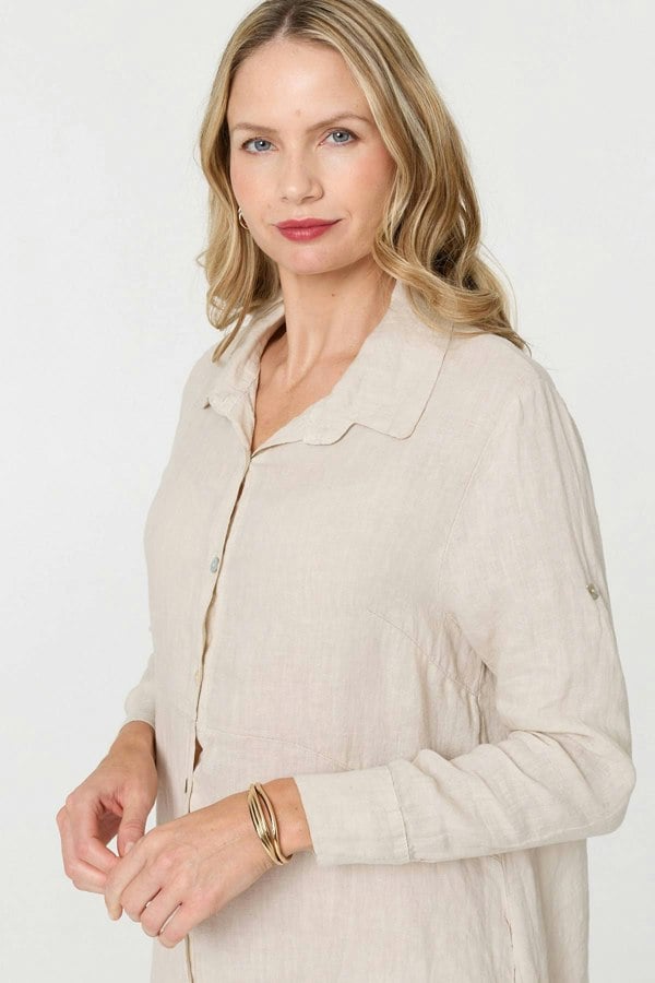 Beige | Long Sleeve Split Hem Maxi Shirt Dress
