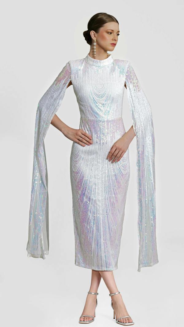 LuvForever Alexandra - White Cape Sleeve Sequin Midi Dress