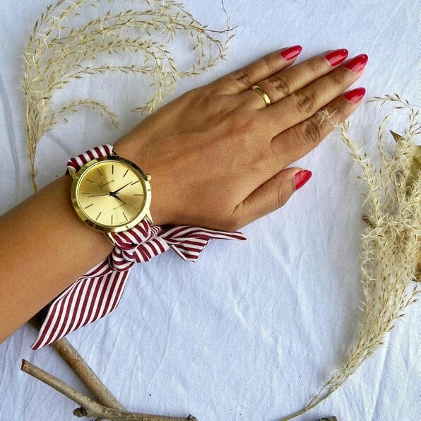The Colourful Aura Brown Stripe Cloth Changeable Cotton Tie Knot Strap Geneva Boho Wristwatch