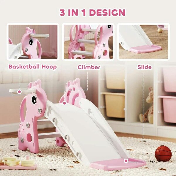3 in 1 Kids Slide with Climber, Basketball Hoop and Ball, Giraffe Shape Climber Slide for Indoor Kids Age 1-3, Pink
