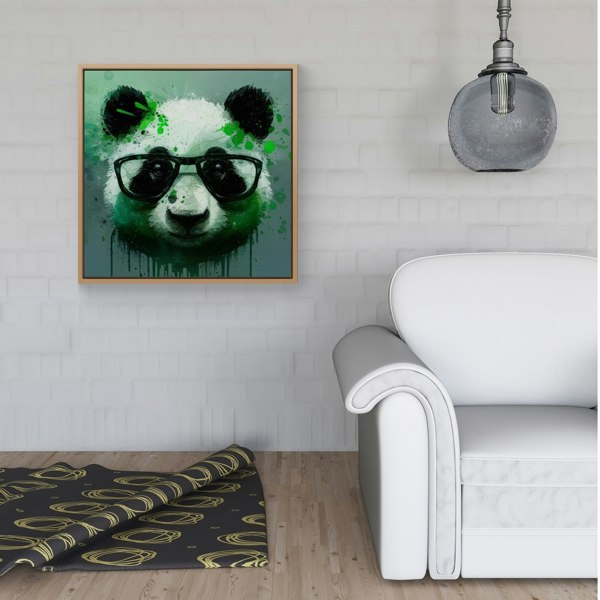 Warren Reed Panda With Glasses, Green Splash Art Framed Canvas