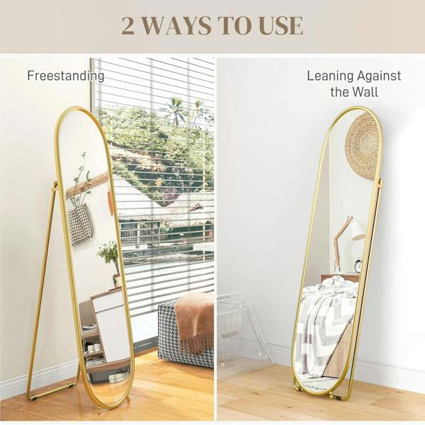 Gold-tone oval full-length two-way mirror for freestanding or wall-leaning use.