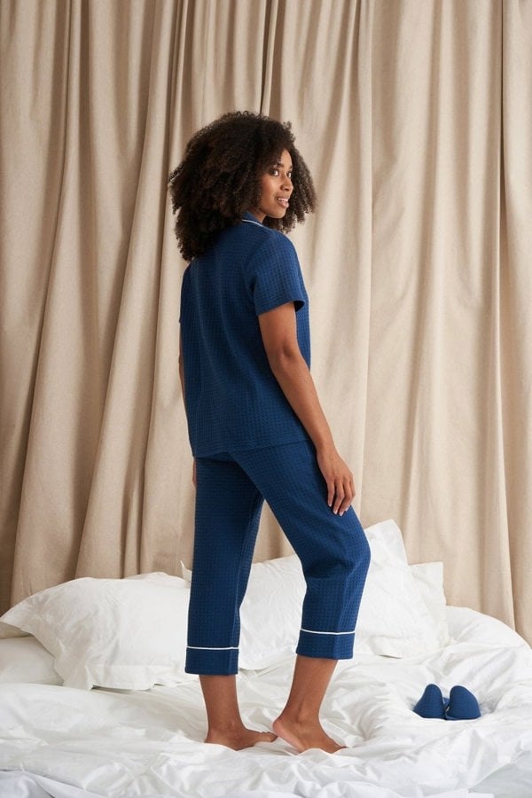 Luxury Suite Waffle Short Shirt Trouser Set in Marine BlueNightwear