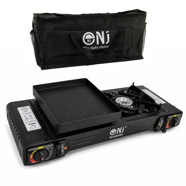NJ DS-22 Portable 2-Burner Camping Gas Stove with Small Grill Plate
