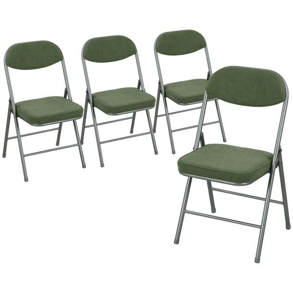 Set of four folding corduroy seat chairs, green cushions, silver metal frames