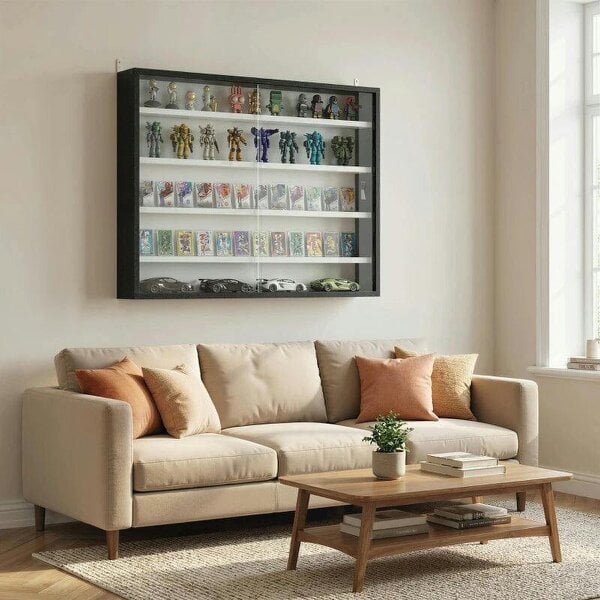 5-Tier Wall Display Cabinet, Wall Mounted Display Case w/ 4 Adjustable Shelves, Glass Doors, 60x80cm, Black and White