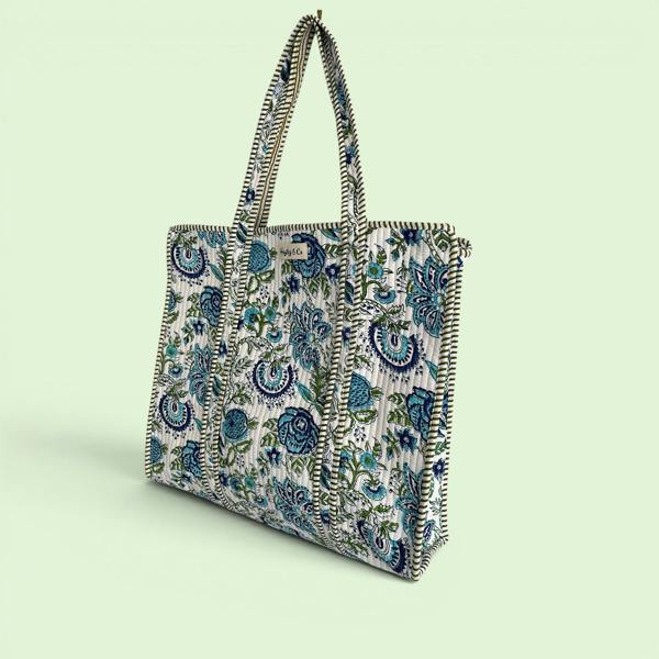 Hayley & Co Blue and Green Floral Quilted Cotton Tote Bag