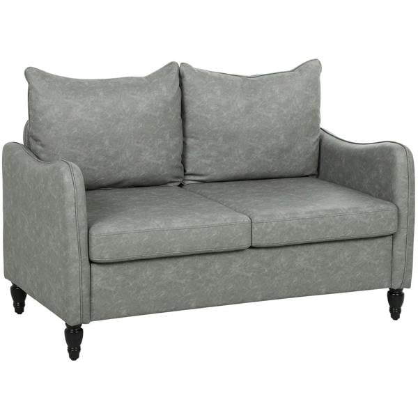 Grey faux leather marble-effect two-seat sofa with two cushions, rounded arms, black feet