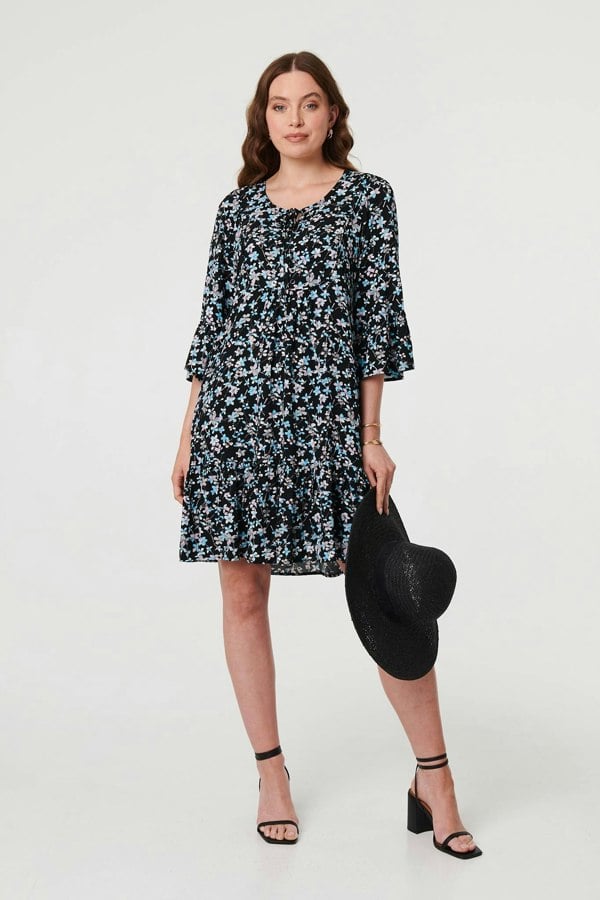 Black | Ditsy Floral Flare Sleeve Short Dress