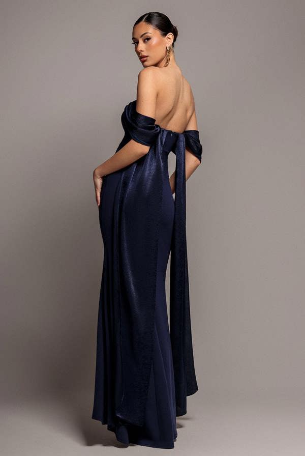 Off Shoulder Velvet Satin Wing Cape Maxi Dress - Navy Blue DR5079