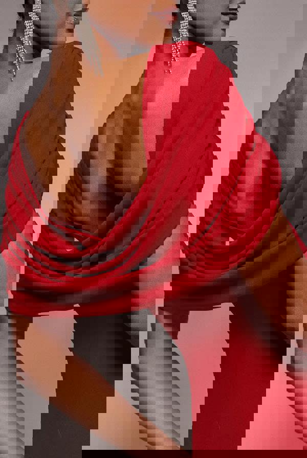 V Neck Cowl Back Pleated Sleeve Scuba Maxi Dress - Red DR5010