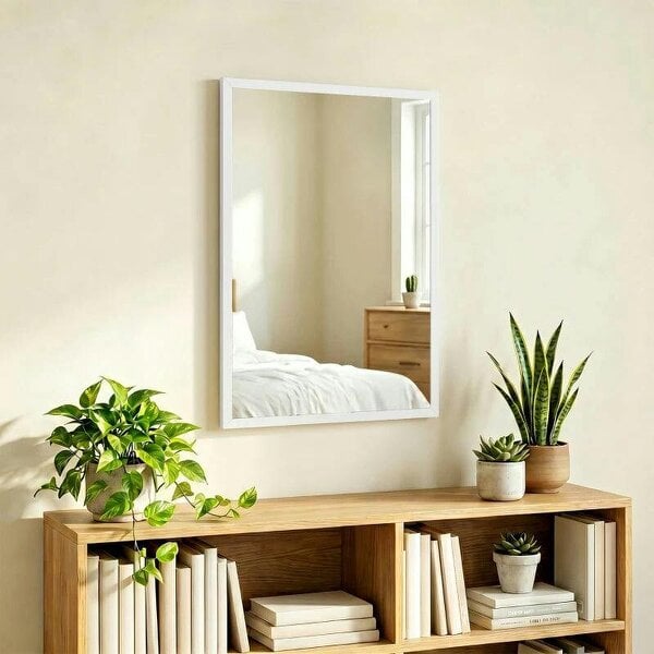 Bobobiy Wall-Mounted Bathroom Mirror, 70 x 50 cm Wall Mirror for Living Room, Bedroom, Hallway, White