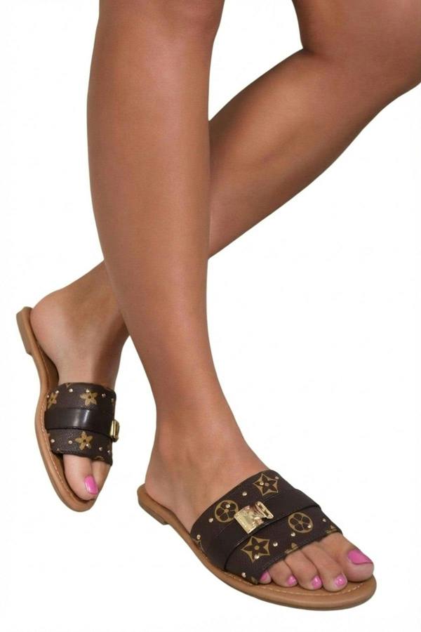 Jenny Open Toe Printed Flat Sandals - Brown_wb