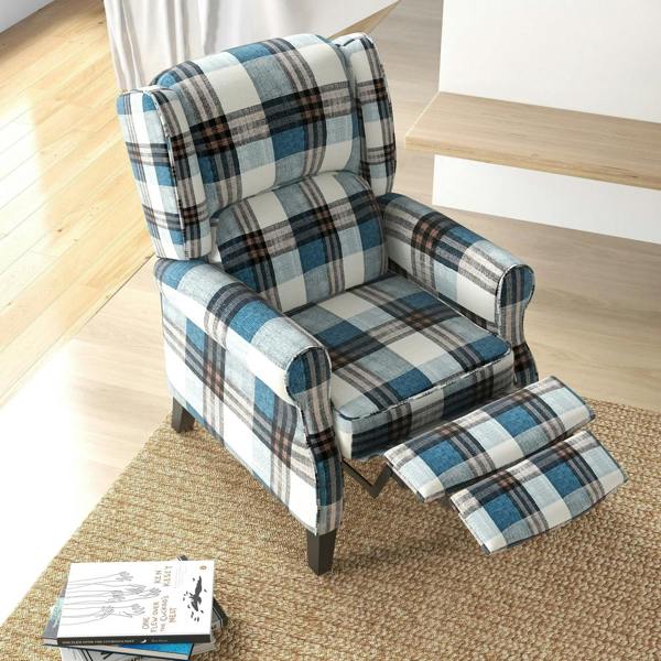 Blue plaid recliner chair with extended footrest panel and wingback backrest.