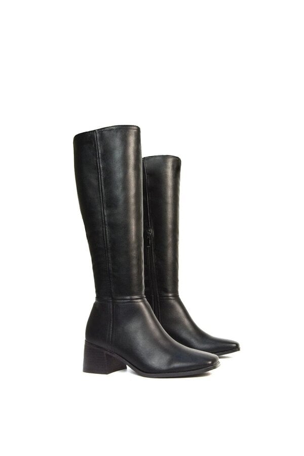 XY LONDON Square Toe Zip Up Knee High Calf Boots With Low Heel