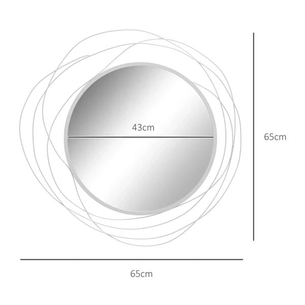 Silver round wall mirror with metal wire loop frame; 65cm overall, 43cm mirror