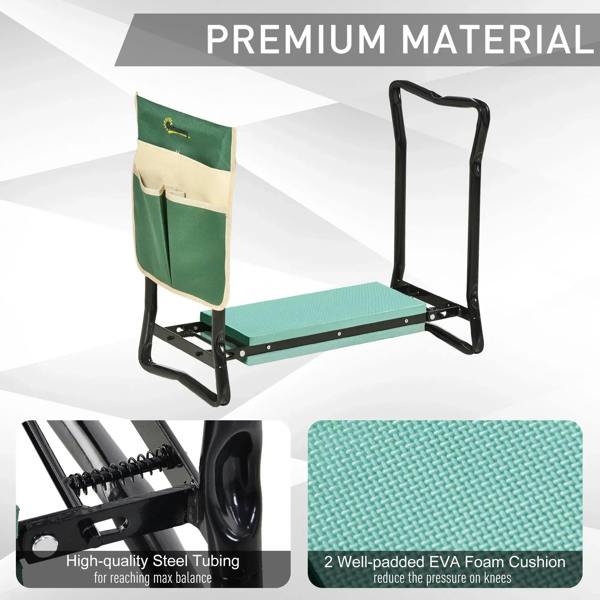 Green padded garden kneeler with steel tubing frame and EVA foam cushion pad