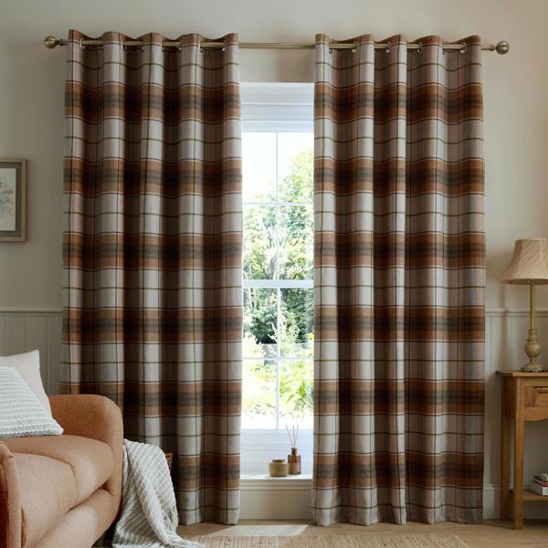 Catherine Lansfield Brushed Woven Glencoe Check Thermal Eyelet Curtains Terracotta