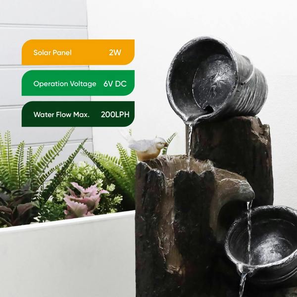 Gardenwize Solar Cascading Woodland Water Feature with Battery Backup & LED Light – Garden Fountain for Patio, Decking & Outdoor Spaces