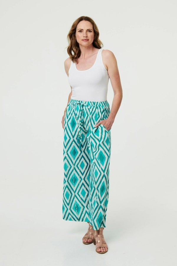 Green | Geo Print Wide Leg High Waist Trousers
