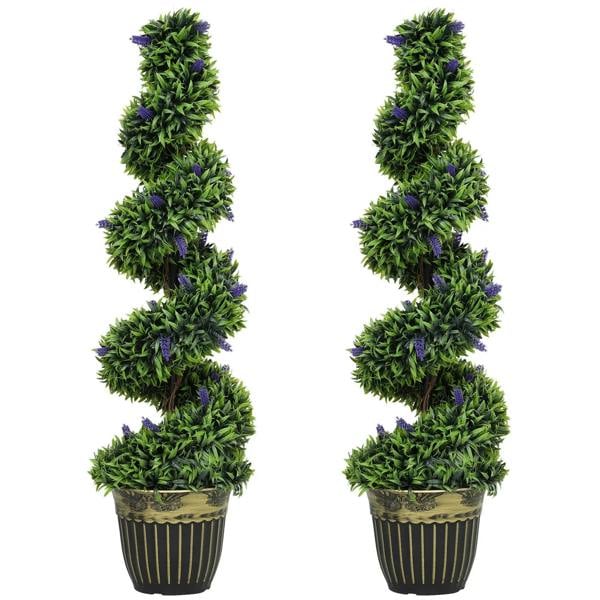 Set of two artificial lavender topiary trees in pots with green foliage and purple blooms