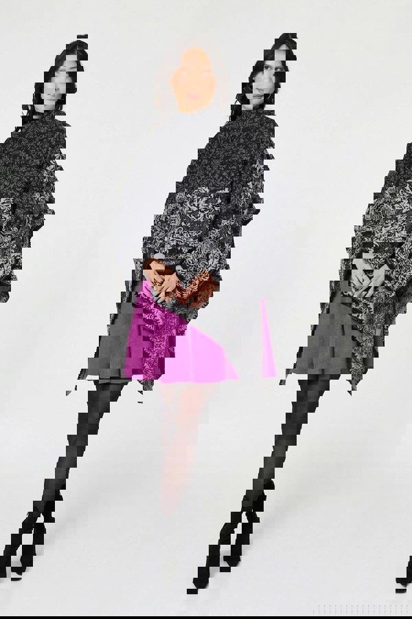 Black | Damask Border Print Relaxed Poncho
