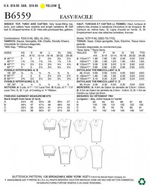 Butterick Sewing Pattern 6559, Tops, Tunics, Caftans for Women, Y (XSM-SML-MED) - Easy