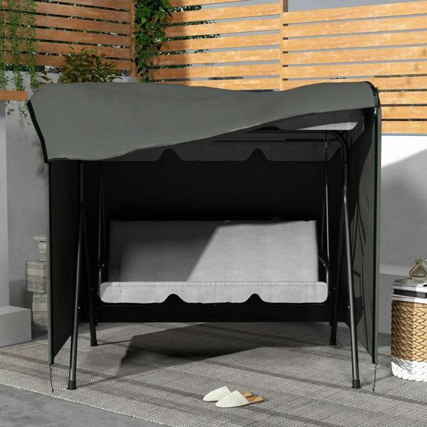 Dark grey swing chair cover installed, showing bench inside through the front opening