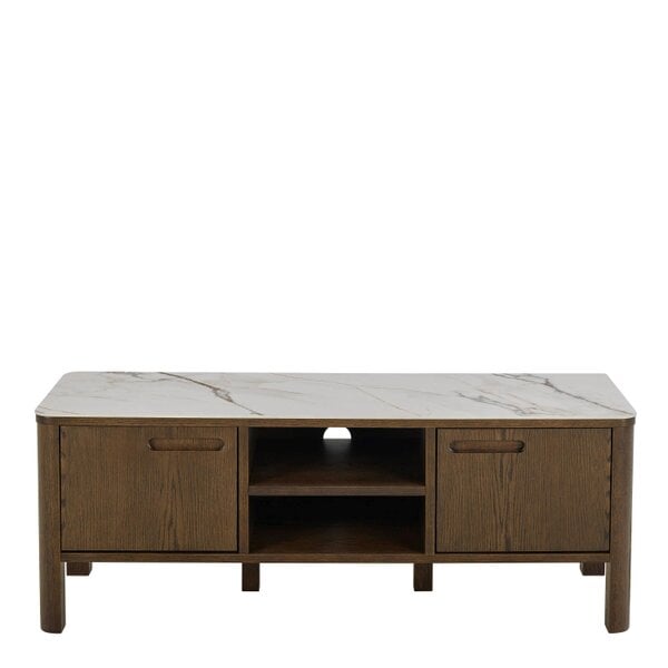 Wyld Haus Cork Oak Veneer TV Unit with Cream Ceramic Top 2 Drawers 2 Shelves