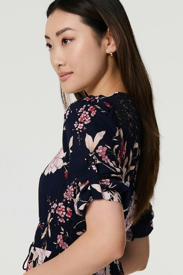 Navy | Floral 3/4 Sleeve A-Line Maxi Dress