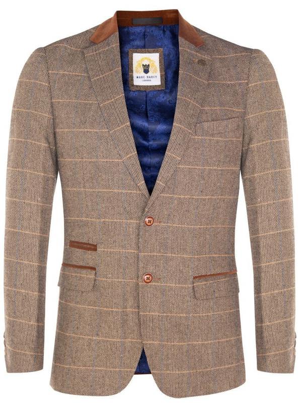 Marc Darcy Mens 3 Piece Tan Tweed Check Suit