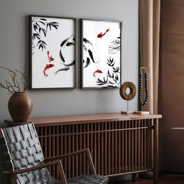 Framed prints for living room | set of 2 Koi wall art