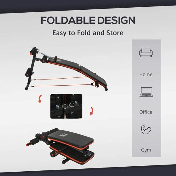 Foldable black sit-up bench with padded backrest and arm pull rope for storage