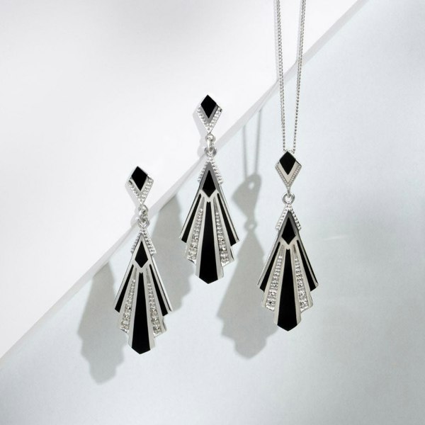 Gemondo Art Deco Style Cabochon Black Onyx & Marcasite Drop Earrings