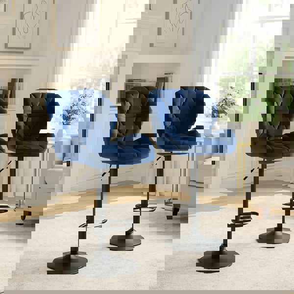 Modcraft Set of 2 Velvet Blue Bar Stools – Adjustable Swivel Dining Chairs with Footrest & Black Steel