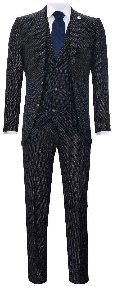 TruClothing Men's 3 Piece Black Herringbone Tweed Suit
