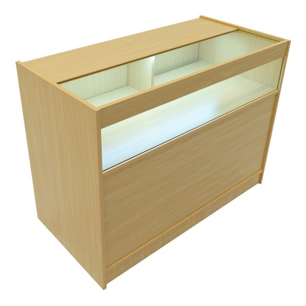 Triton LED Shop Counter Set in maple finish, featuring a sleek design, illuminated display area, and smooth texture for retail use