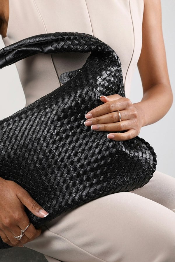 Where's That From Barber Large Contorted Shoulder Bag in Black Woven Faux Leather