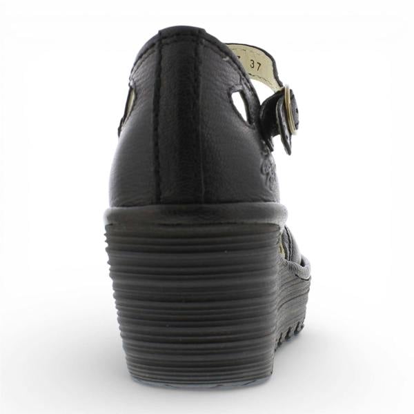 Fly London Women's Yuna Black Leather Wedge Sandals