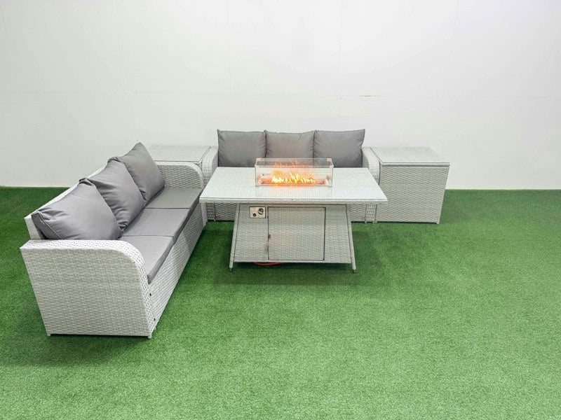 Fimous Outdoor Garden Furniture Set 6 Seater Rattan Furniture with Fire Pit Dining Table high Back Lounge Sofa 2 Side Table Light Grey