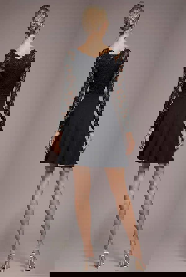 Off The Shoulder Lace Skater Mini Dress - Black DR2563C