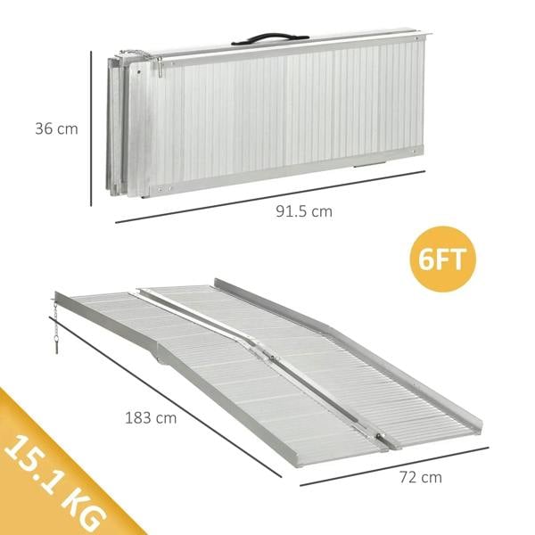 Folded aluminum wheelchair ramp in silver with ribbed traction panels and hinge