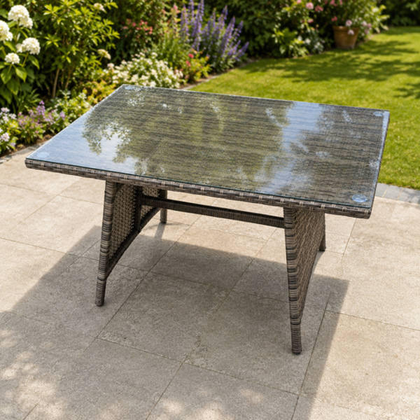 Fimous Dark Grey Mixed Rattan Dining Table Garden Furniture With Clear Tempered Glass