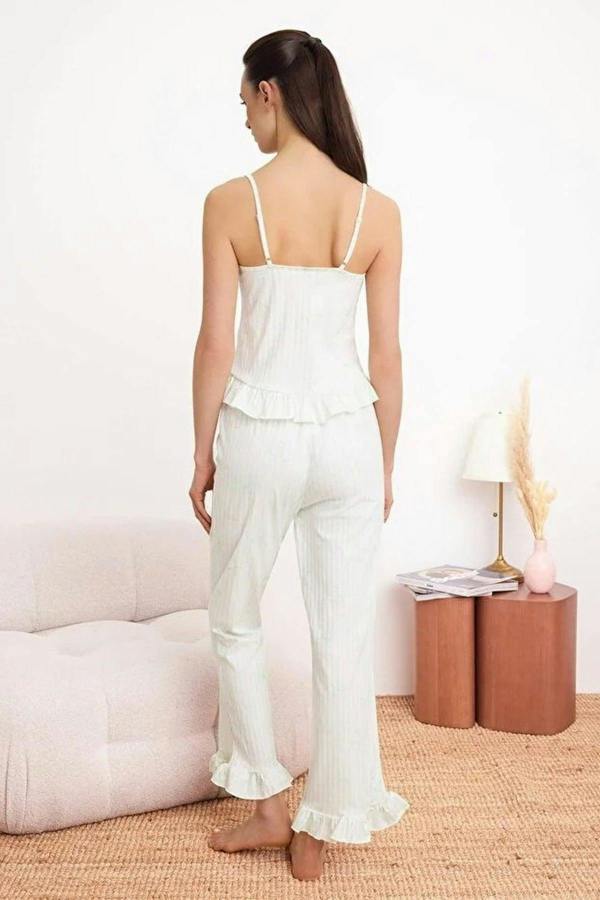 WOVCOR 2-Piece 100% Cotton Striped and Ribboned Ruffled Knitted Pajama Set